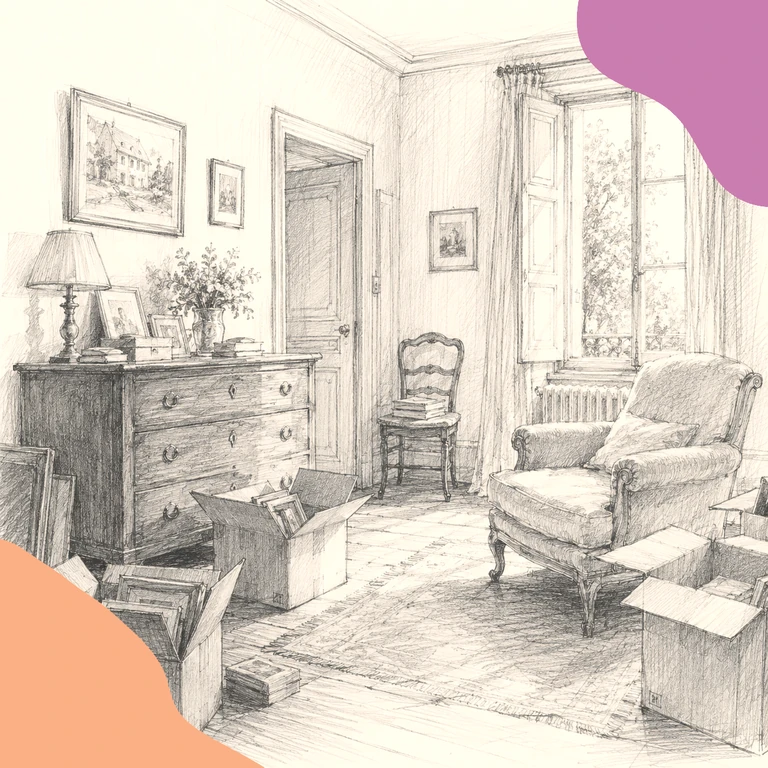 Illustration au crayon : une maison familiale que l'on s'apprête à vider, cartons et meubles