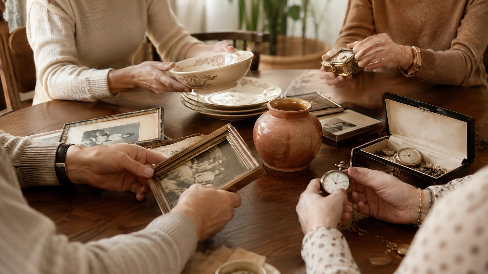 Mains d'héritiers triant photos et bibelots autour d'une table, partage des objets d'une succession