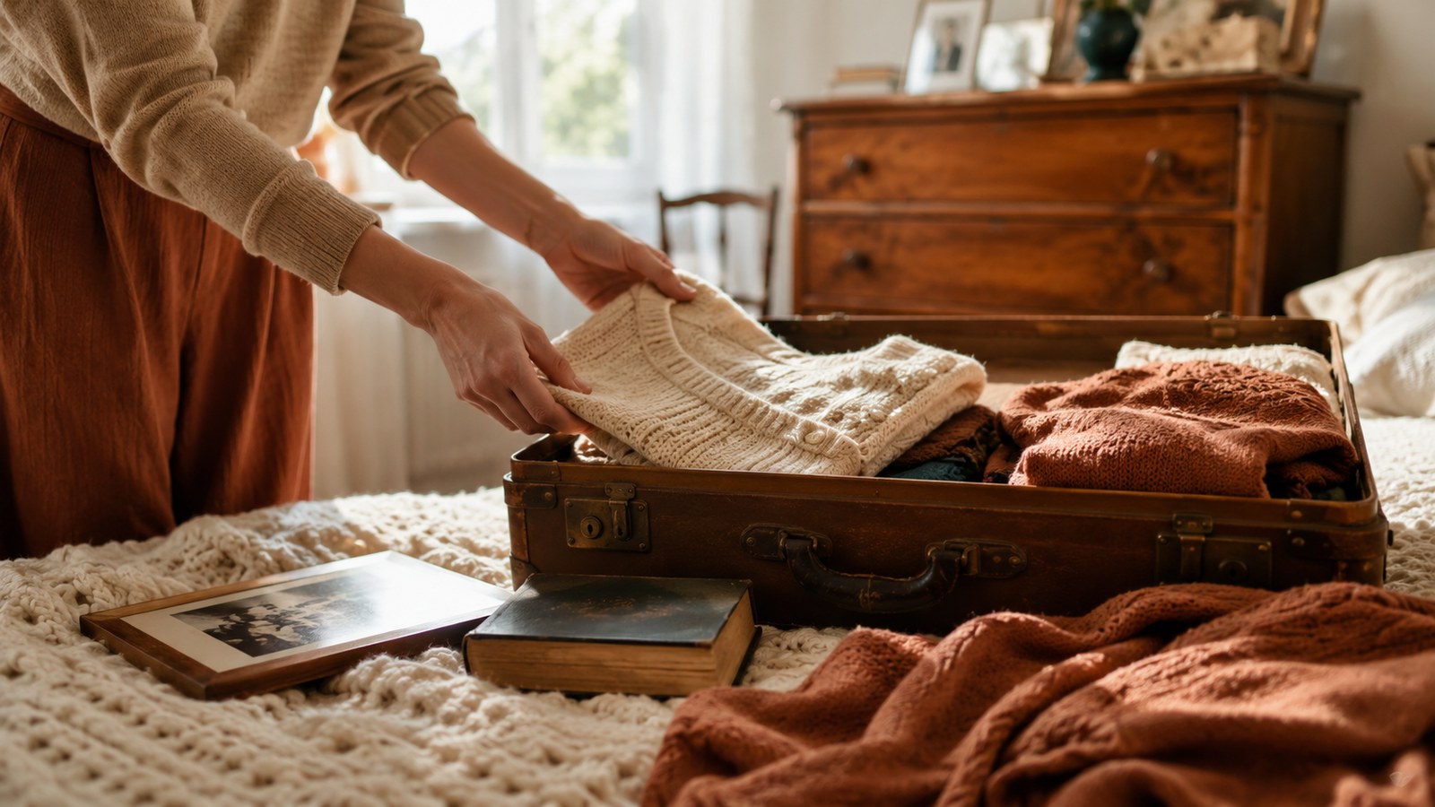 Femme rangeant des pulls dans une valise, pour vider la maison avant l'entrée en EHPAD