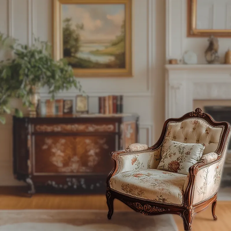 Un salon meublé : commode ancienne en acajou, fauteuil de style Louis XV, tableau et cheminée.