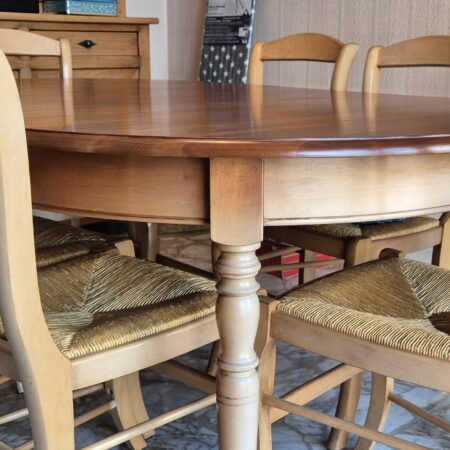 Table ovale à rallonges merisier + 6 chaises hêtre paillées