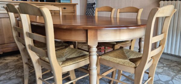 Table ovale à rallonges merisier + 6 chaises hêtre paillées