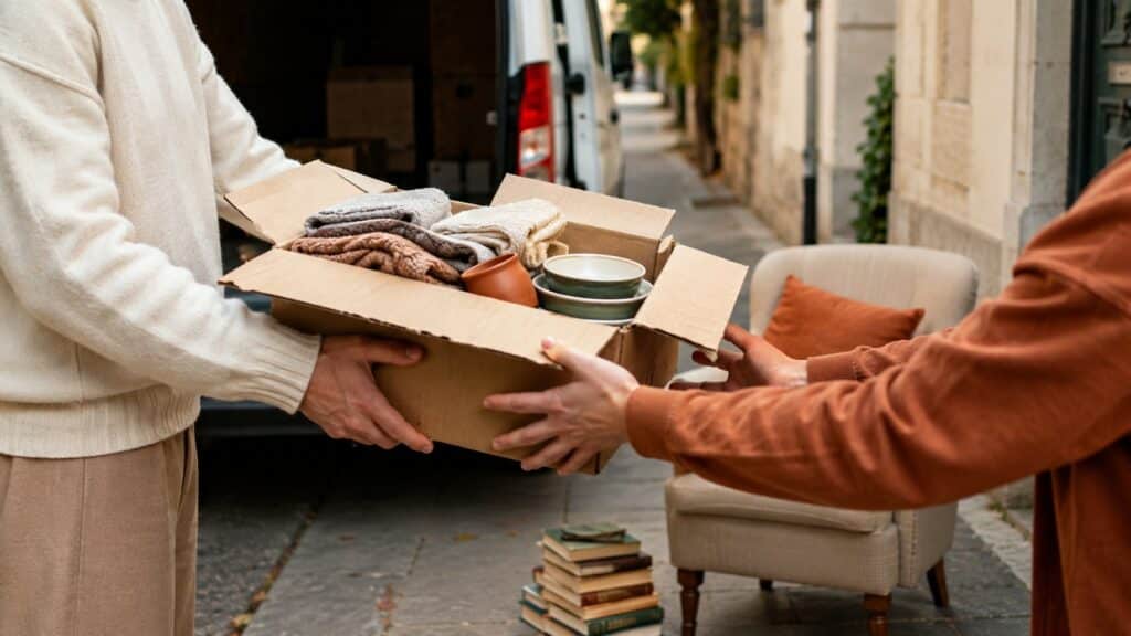 Bénévole recevant un carton de dons pour donner les meubles à une association à Lyon