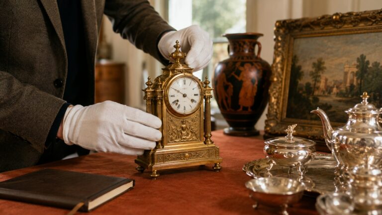 Expert ganté examinant une pendule dorée, pour faire estimer les objets d'une succession