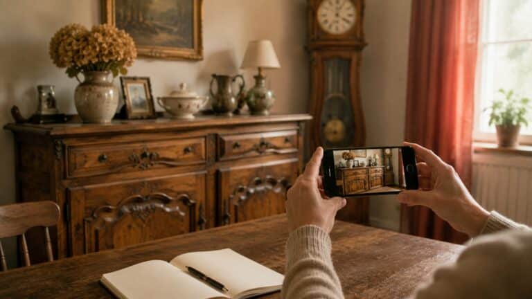 Mobilier ancien photographié au smartphone pour l'inventaire, alternative au forfait mobilier de 5 %