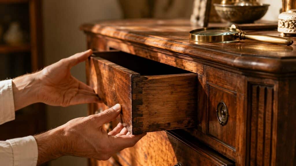 Tiroir ouvert montrant des assemblages à queue d'aronde, indice de la valeur d'un meuble ancien