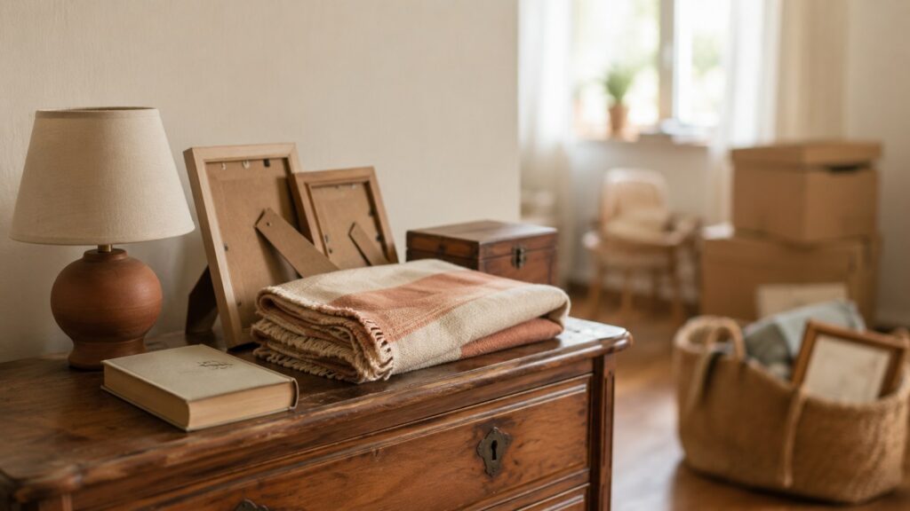 Commode avec lampe, plaid plié et photos encadrées, pour choisir quoi emporter en EHPAD