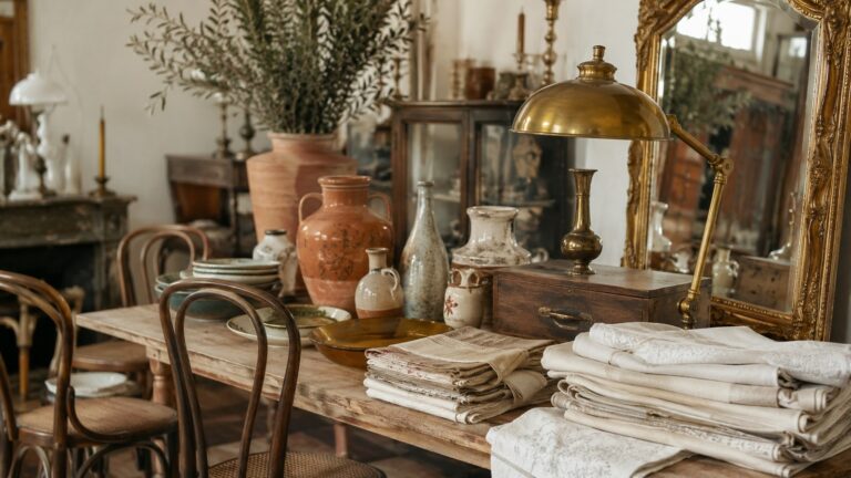 Étal de brocante avec linge ancien, vases et chaises bistrot, illustrant les tendances brocante 2026