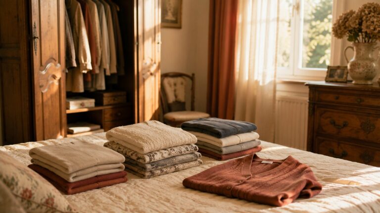 Vêtements pliés en piles sur un lit pour trier les vêtements et objets d'un défunt