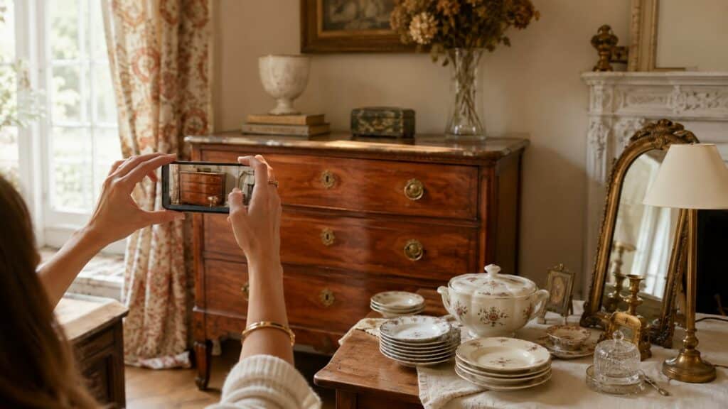 Femme photographiant une commode ancienne au smartphone pour vendre les meubles d'une succession