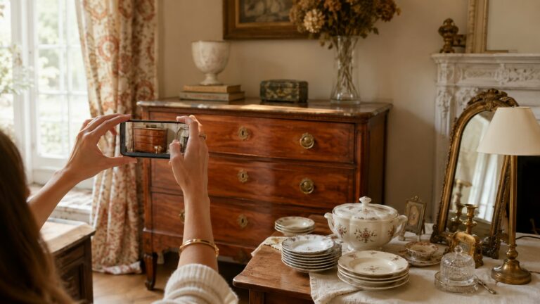 Femme photographiant une commode ancienne au smartphone pour vendre les meubles d'une succession