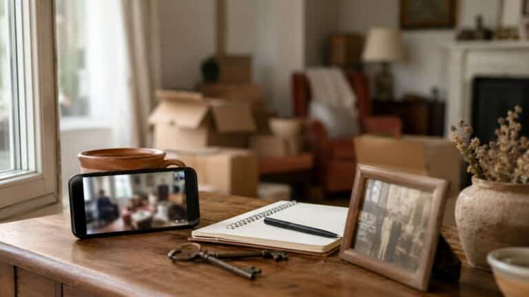 Appel vidéo familial sur smartphone, carnet et cartons, pour vider une maison à distance